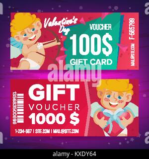 Valentine s Day Gift Voucher Vector. Horizontal Coupon. February 14. Valentine Cupid And Gifts. Shopping Advertisement. Business Love Gift Red Illustration Stock Vector