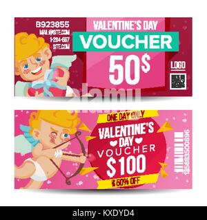 Valentine s Day Voucher Coupon Template Vector. Horizontal Leaflet Offer. February 14. Valentine Cupid And Gifts. Promotion Love Advertisement. Free Gift Red Illustration Stock Vector