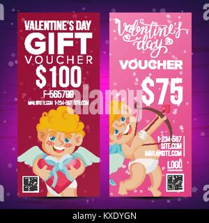 Valentine s Day Voucher Design Vector. Vertical Discount. February 14. Valentine Cupid And Gifts. Love Advertisement. Marketing Red Illustration Stock Vector