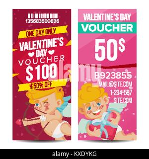 Valentine s Day Voucher Vector. Vertical Free Banner. February 14. Valentine Cupid And Gifts. Love Advertisement. Cute Gift Red Illustration Stock Vector