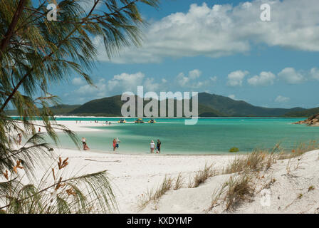 Pristine white sands of Whitehaven Beach, Whitsundays, Queensland with amazing emerald sea, Coral Sea, blue skies and people in the distance bathing. Stock Photo