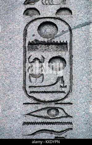 Ancient Egyptian Hieroglyphics or Hieroglyphic Inscriptions and Symbols on the Antique Egyptian Obelisk (1549-03 AD), in the Hippodrome, Istanbul, Turkey. The Symbols include bread buns, a lake, a scarab beetle, water, an eye and a snake or viper. Stock Photo