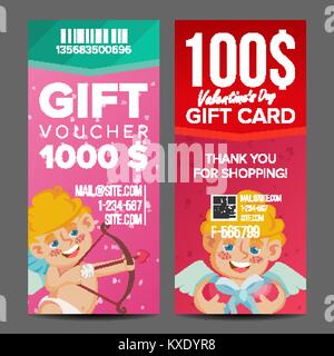 Valentine s Day Voucher Coupon Template Vector. Vertical Leaflet Offer. February 14. Valentine Cupid And Gifts. Promotion Love Advertisement. Free Gift Red Illustration Stock Vector