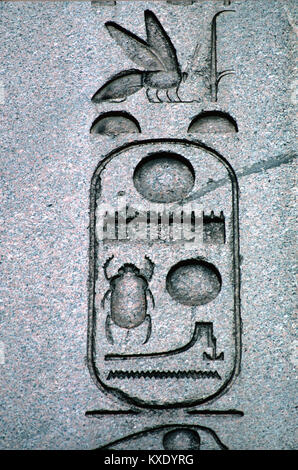 Ancient Egyptian Hieroglyphics or Hieroglyphic Inscriptions and Symbols on the Antique Egyptian Obelisk (1549-03 AD), in the Hippodrome, Istanbul, Turkey. The Symbols include bread buns, a lake, a scarab beetle, and water. Stock Photo