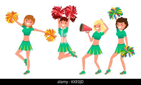 Cheerleading Team Vector. In Action. Sport Fan Dancing. Posing With Pompoms. Raising Hands Up. Competition. Flat Cartoon Illustration Stock Vector