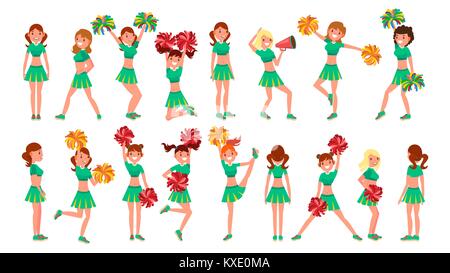 High-School Profession Cheerleading Teams Vector. In Action. Fans Girls Dancing With Pompoms. Jumping And Dancing Together. Cartoon Character Illustration Stock Vector
