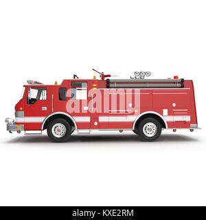 Side view Fire truck or engine Isolated on White. 3D illustration Stock Photo