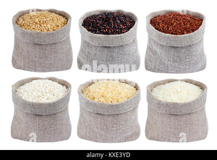 Different types of rice in bags isolated on white background. Collection Stock Photo