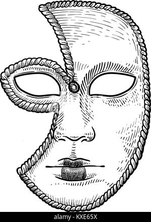 Venetian mask illustration, drawing, engraving, ink, line art, vector Stock Vector
