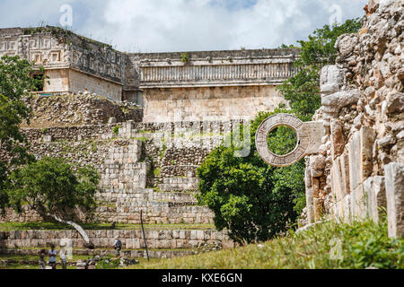 Sightseeing: ballcourt and ring view at Uxmal, an ancient Maya city and archaeological site near Merida, Yucatan, Mexico, a UNESCO World Heritage Site Stock Photo