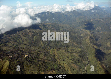 An aerial view of villages and mountains south of the city of San Jose, Costa Rica, in San Jose Province. Stock Photo