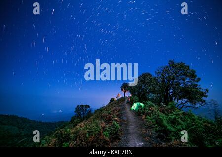 Stars, Milky Way Galaxy over Camp Tent, Chiang Mai, Thailand. Stock Photo