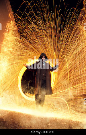 Wizard Floating in Front of Fire Ring Stock Photo