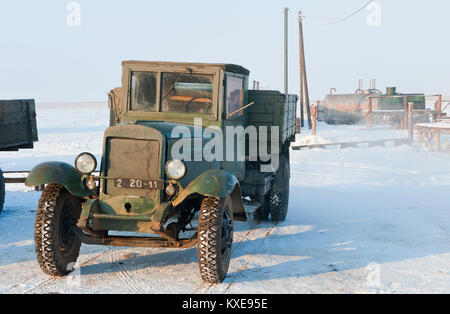 NOVAYA LADOGA, LENINGRAD REGION, RUSSIA - FEBRUARY 16,2013: Old Soviet army truck  of WWII. Outdoors at winter Stock Photo