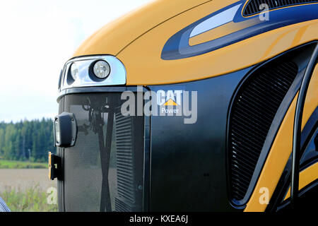 SALO, FINLAND -SEPTEMBER 6, 2014: Detail of Challenger MT765C tracked tractor with Caterpillar engine. Caterpillar is named to Dow Jones Sustainabilit Stock Photo