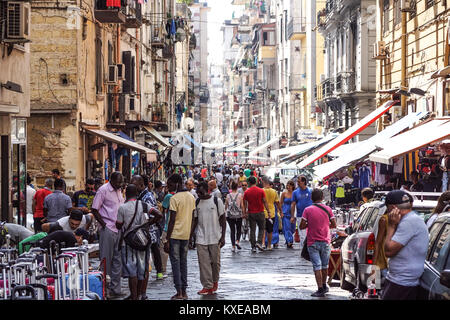 NAPLES, ITALY - AUGUST 22: Porta Nolana Market in Naples on AUGUST 22, 2017. Local People Shopping at Sunday Street Market in Napoli, Italy. Stock Photo