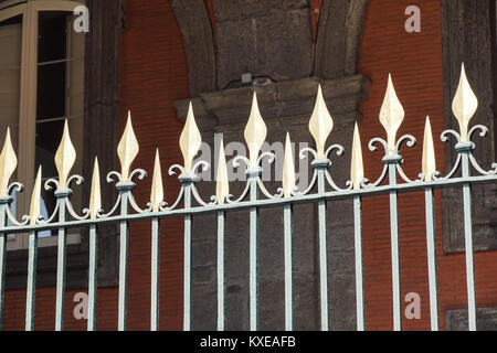 Beautiful wrought fence. Image of a decorative cast iron fence. metal fence close up. Metal Forged Fence. Stock Photo