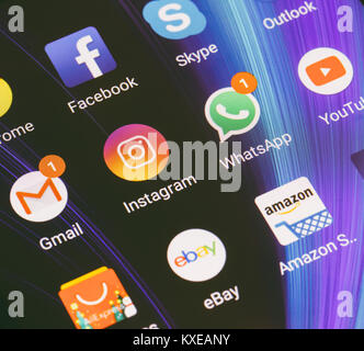 Adygea, Russia - January 2, 2018: WhatsApp, YouTube, instagram, Facebook, Skype and other app icons on the smartphone screen Xiaomi Stock Photo