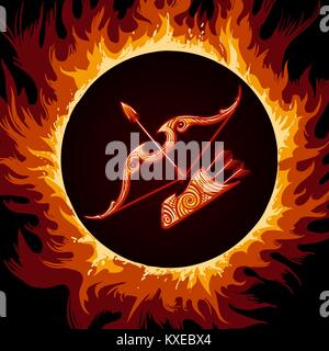 Bow and arrows in Flame. Zodiac symbol Sagittarius on fire background. Vector illustration. Stock Vector