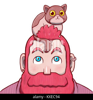 Pink Bearded Man with a Cat on the top of his Head Stock Photo