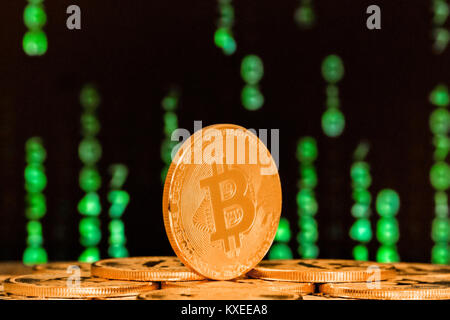 close up of bitcoin with numbers in backgrounds Stock Photo