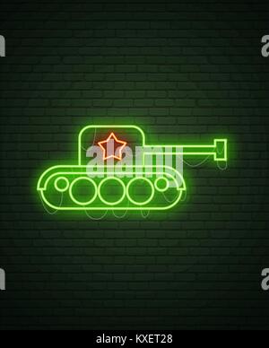 February 23. Defenders of Fatherland Day. Tank Neon sign and green brick wall. Realistic sign. National Military holiday in Russia. Template for postc Stock Vector