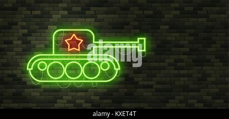 February 23. Defenders of Fatherland Day. Tank Neon sign and green brick wall. Realistic sign. National Military holiday in Russia. Template for postc Stock Vector