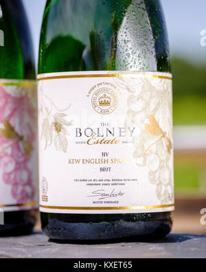 Bottles of Kew English Sparkling wine at the Bolney Wine Estate near Haywards Heath, West Sussex.