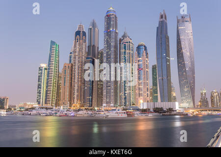 The futuristic skyline of skyscrapers in Dubai Marina, United Arab Emirates.