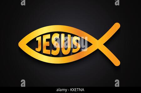 Golden Jesus christian symbol fish icon on black background Stock Vector