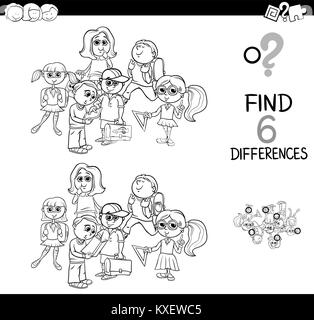 Black and White Cartoon Illustration of Finding Eight Differences Between Pictures Educational Activity Game for Kids with School Children Characters  Stock Vector
