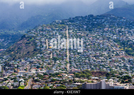 Wilhelmina Rise and Waialae Avenue, Honolulu from Diamond Head volcano in an aerial view showing the steep street and hills Stock Photo