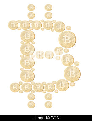 Bitcoin shape made from bitcoins. Physical bit coin. Digital currency. Cryptocurrency. Golden coin with bitcoin symbol isolated on white background Stock Photo