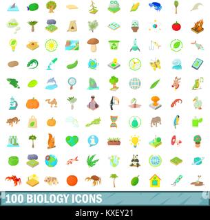 100 biology icons set, cartoon style Stock Vector