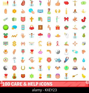 100 care and help icons set, cartoon style Stock Vector