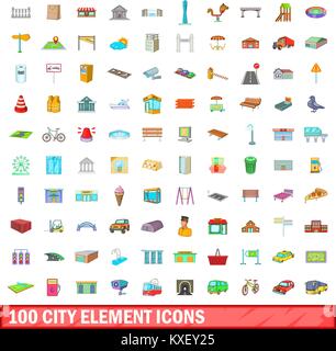 100 city element icons set, cartoon style Stock Vector