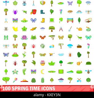 100 spring time icons set, cartoon style Stock Vector
