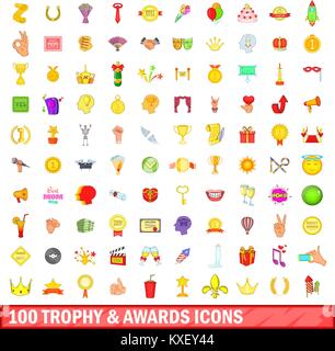100 trophy and awards icons set, cartoon style Stock Vector