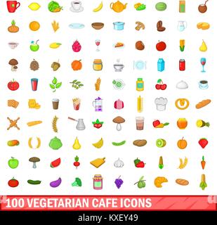 100 vegetarian cafe icons set, cartoon style Stock Vector