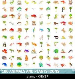 100 animals and plants icons set, cartoon style Stock Vector