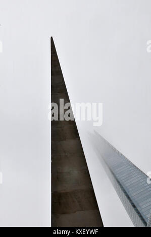 A different and unusual viewpoint or angle of the shard and Southwark gateway needle at London Bridge in the capital city. The shard offices abstract. Stock Photo
