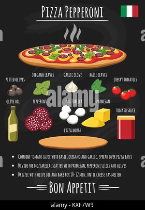 Pepperoni pizza recipe. Healthy italian salami pizza toppings for home chef menu chalk board vector illustration Stock Vector