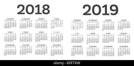 Calendar 2018 2019 Isolated on White Background. Week starts from Sunday. Vector Illustration. Stock Vector