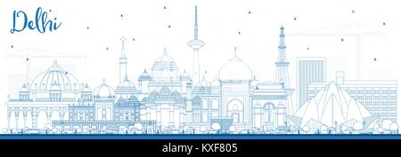 Outline Delhi India City Skyline with Blue Buildings. Vector Illustration. Business Travel and Tourism Concept with Historic Architecture. Stock Vector