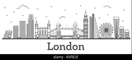 Outline London England City Skyline with Modern Buildings Isolated on White. Vector Illustration. London Cityscape with Landmarks. Stock Vector