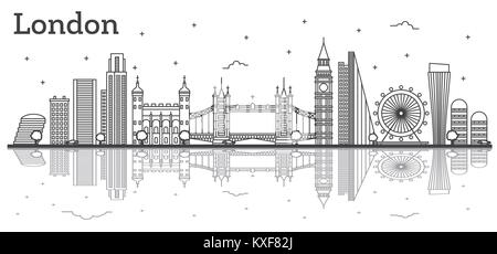 Outline London England City Skyline with Modern Buildings and Reflections Isolated on White. Vector Illustration. London Cityscape with Landmarks. Stock Vector