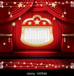 Red Stage Curtain with Seats and Spotlights. Vector illustration. Theater, Opera or Cinema Scene. Light on a Floor. Stock Vector