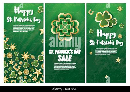 Saint Patrick's Day Background with Clover Leaves, Golden Stars and Coins. Vector illustration. Stock Vector