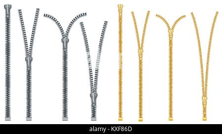 Metal and Plastic Zipper Set Isolated on White Background. Close and Open Positions. Vector Illustration. Clothes Accessory. Stock Vector