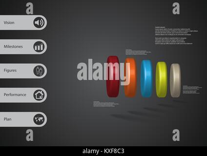 3D illustration infographic template with motif of five color cylinders horizontally arranged with simple sign and sample text on side in bars. Dark g Stock Vector